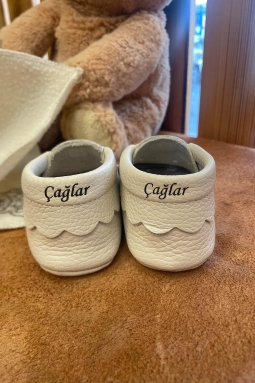 İsimli Bebek Ayakkabısı Hakiki Deri Poy Krem